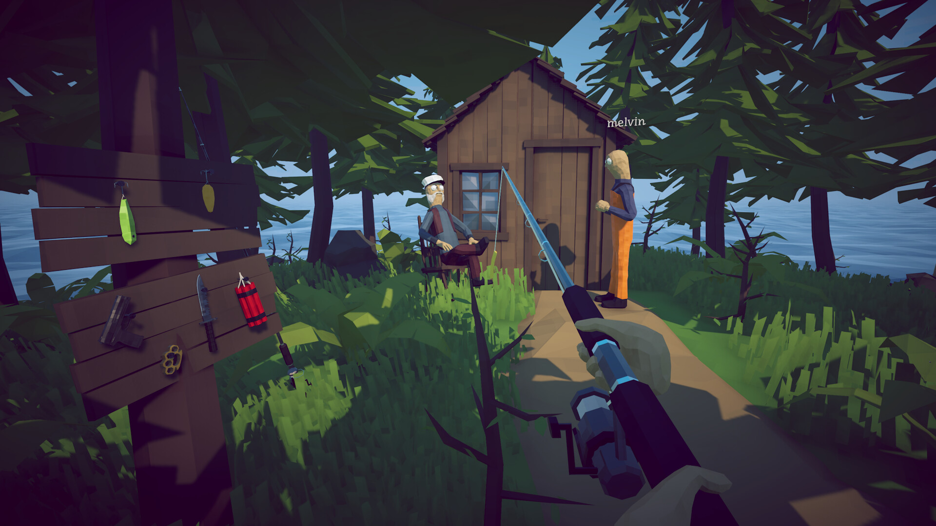 A weapon rack with pistol, knife, brass knuckles and dynamite in How to Fish